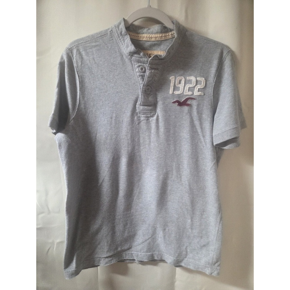 Y2K Vintage Hollister Men's Short Sleeve Henley Shirt - Grey Sz L